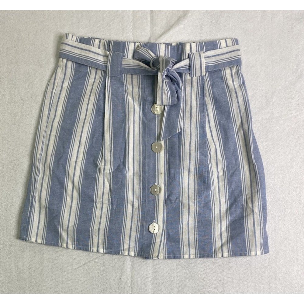 Planet Gold Womens Blue White Paperbag Waist Tie Belt Button Front Skirt Size L‎